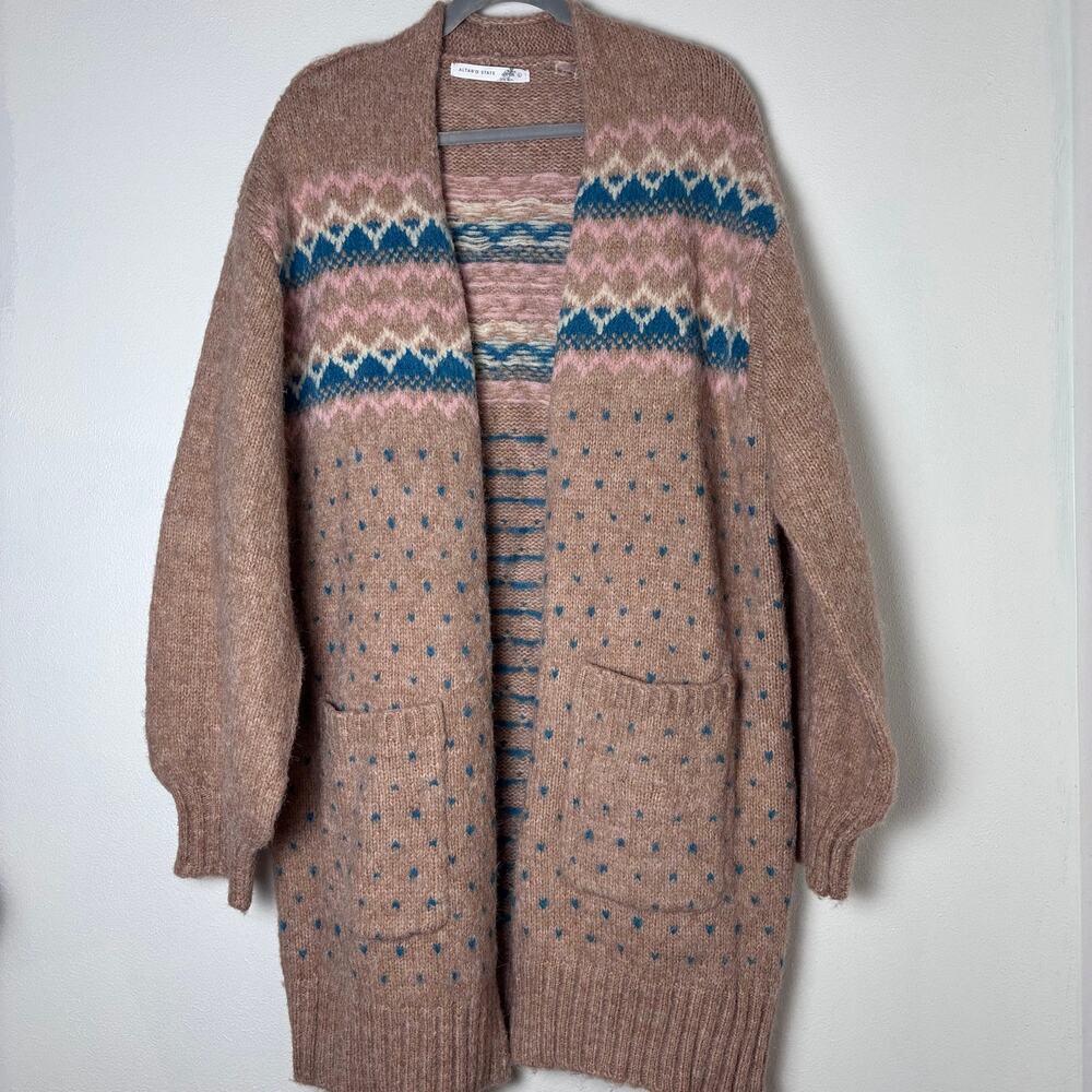 ⁠Altar'd State Fair Isle Oversized Cardigan Sweater Large Tan Pink Blue⁠
